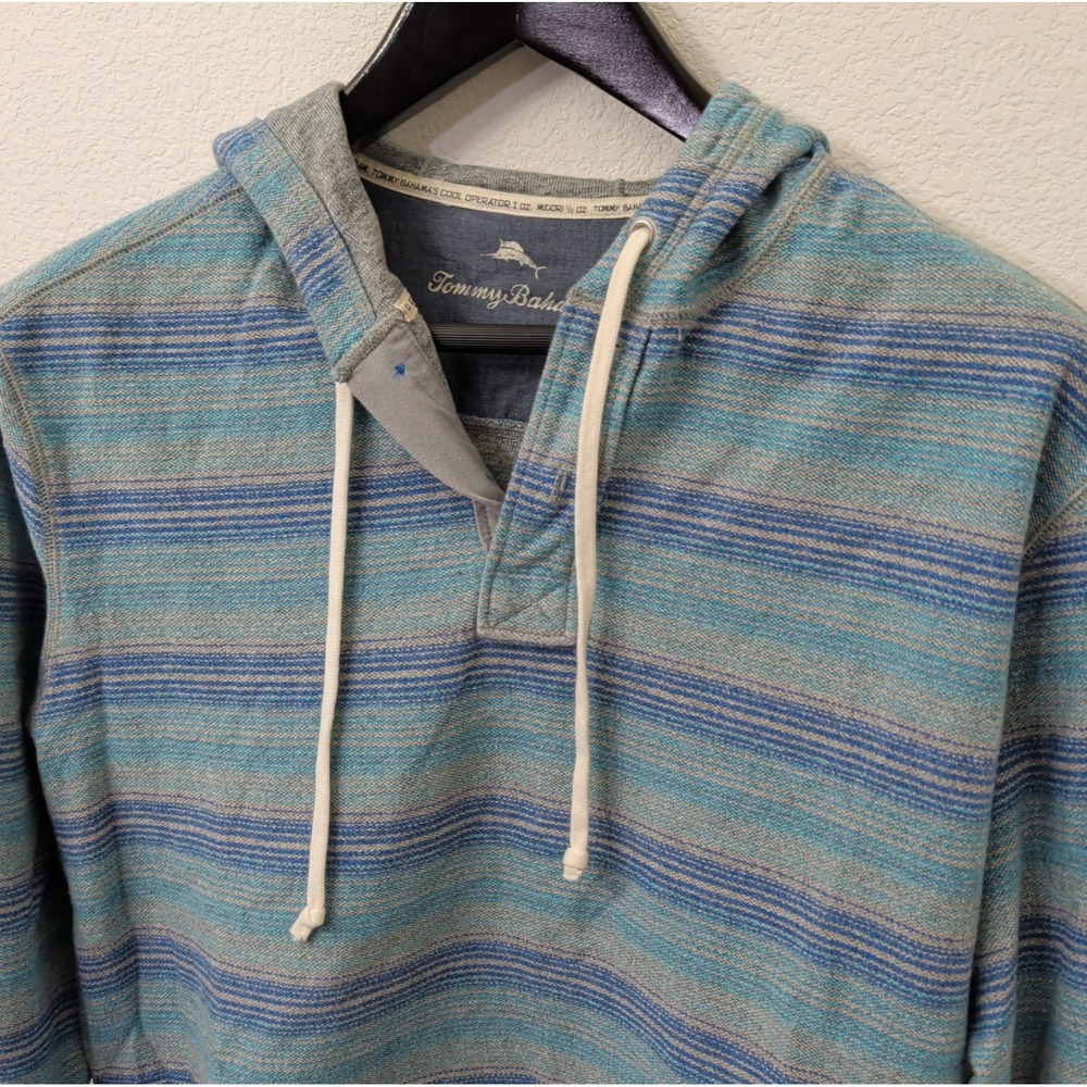 Tommy Bahama Cool Operator Hoodie Striped Blue Grey Cotton Henley Pullover XL